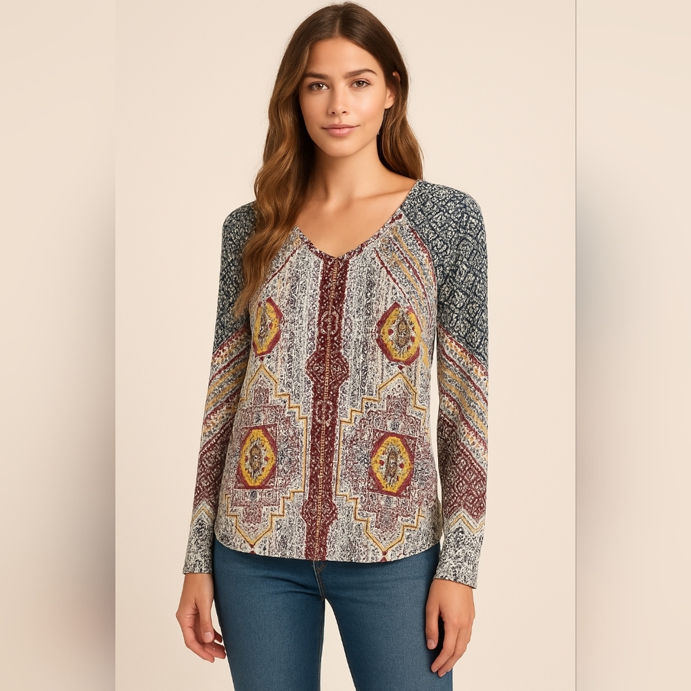 Tribal Jeans Aztec Print Tunic Blouse | V-Neck | Bohemian Style | Rayon Size M - Picture 1 of 10